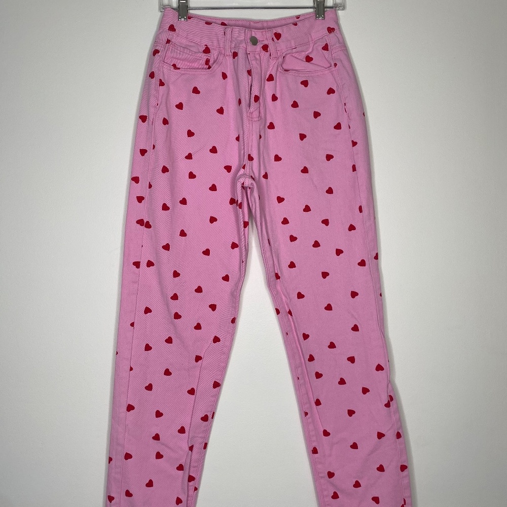 Shein Valentines Pink Heart High Waisted Jeans